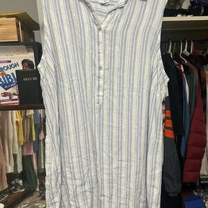 Sigrid Olsen 100 % Linen Women's White and Blue Striped Shirt Dress natural